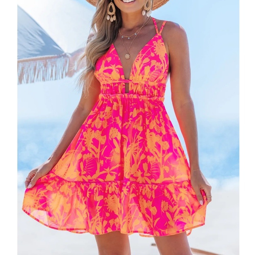 Popvil Women's Orange Red Print Cut Out Sleeveless Mini Dress Size L NWT